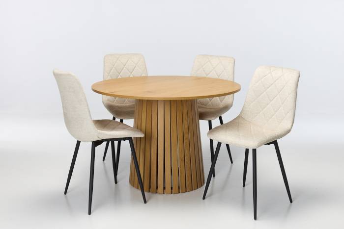 Stockholm & Bari 4 Seater Dining Set - 1.1m Oak Effect Round Dining Table with 4 Oatmeal Mottled Velvet Dining Chairs