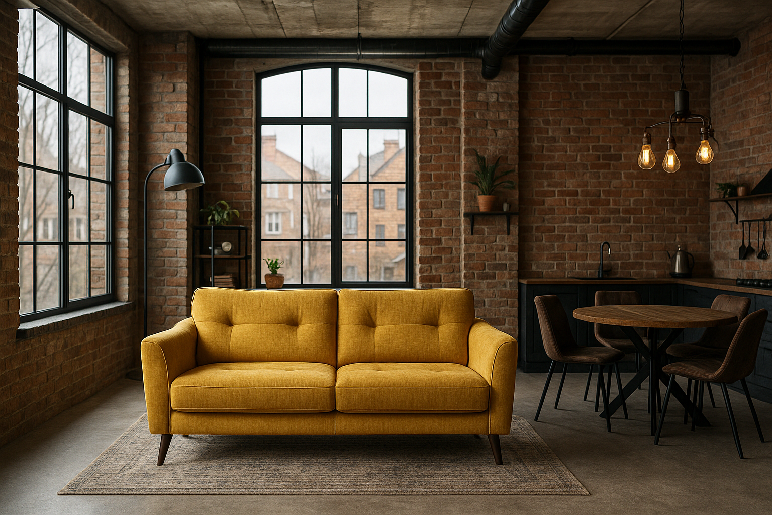 Yellow sofa in an Industrial style living room - mockup image