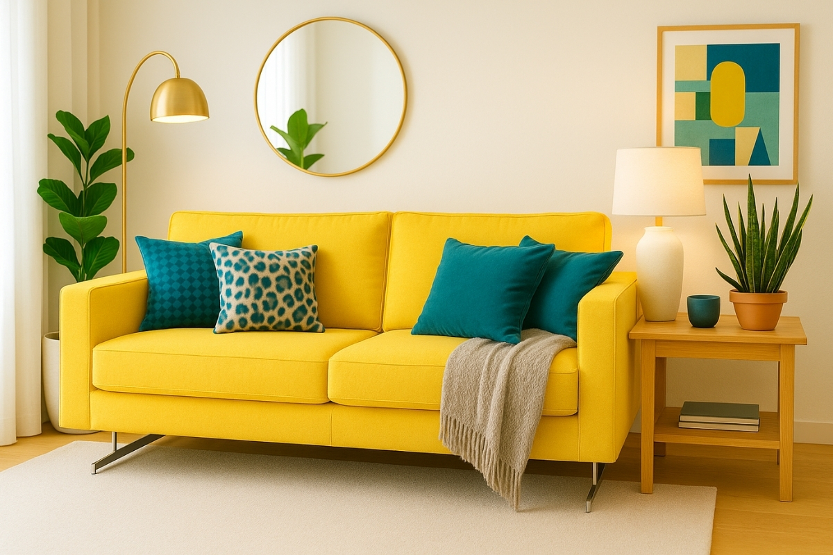 Yellow sofa in a modern living room - mockup image