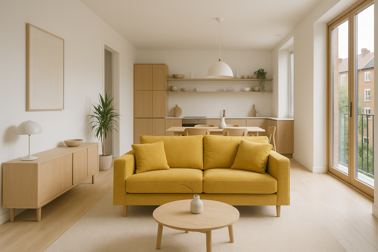Yellow sofa in a Scandi living room - mockup image