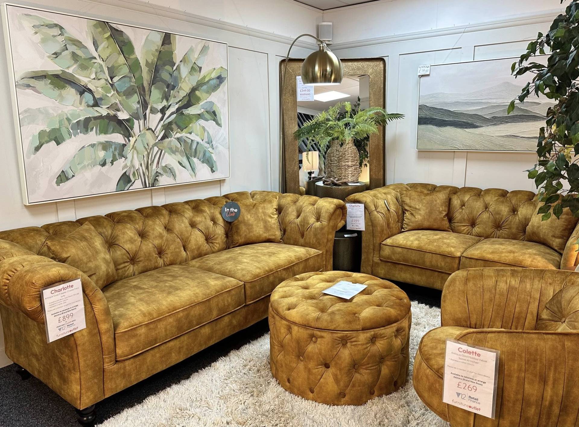 Charlotte antique gold velvet Chesterfield sofa suite. A glam, button-tufted statement set at Furniture Outlet Wickford