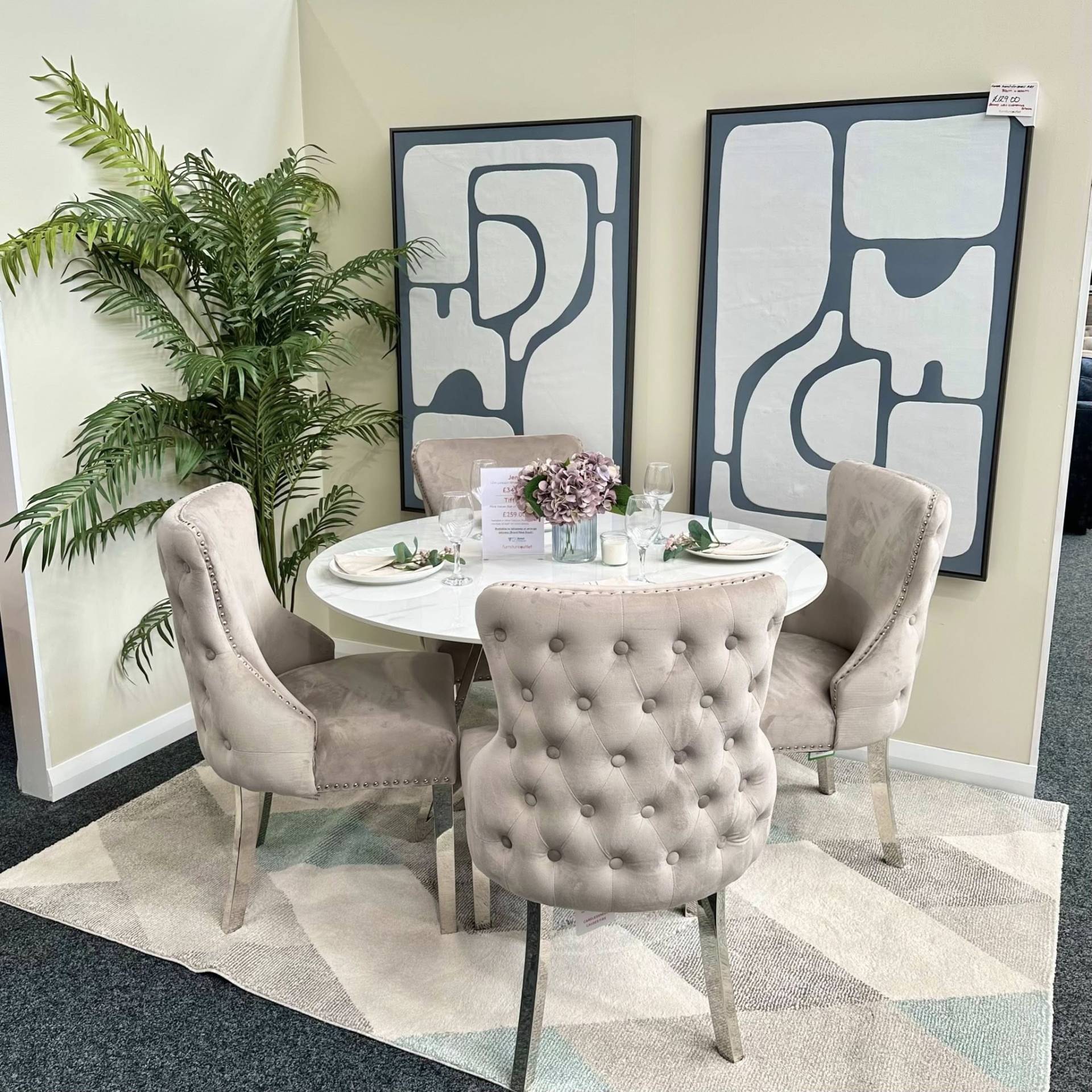 Stone round dining table and velvet dining chairs set