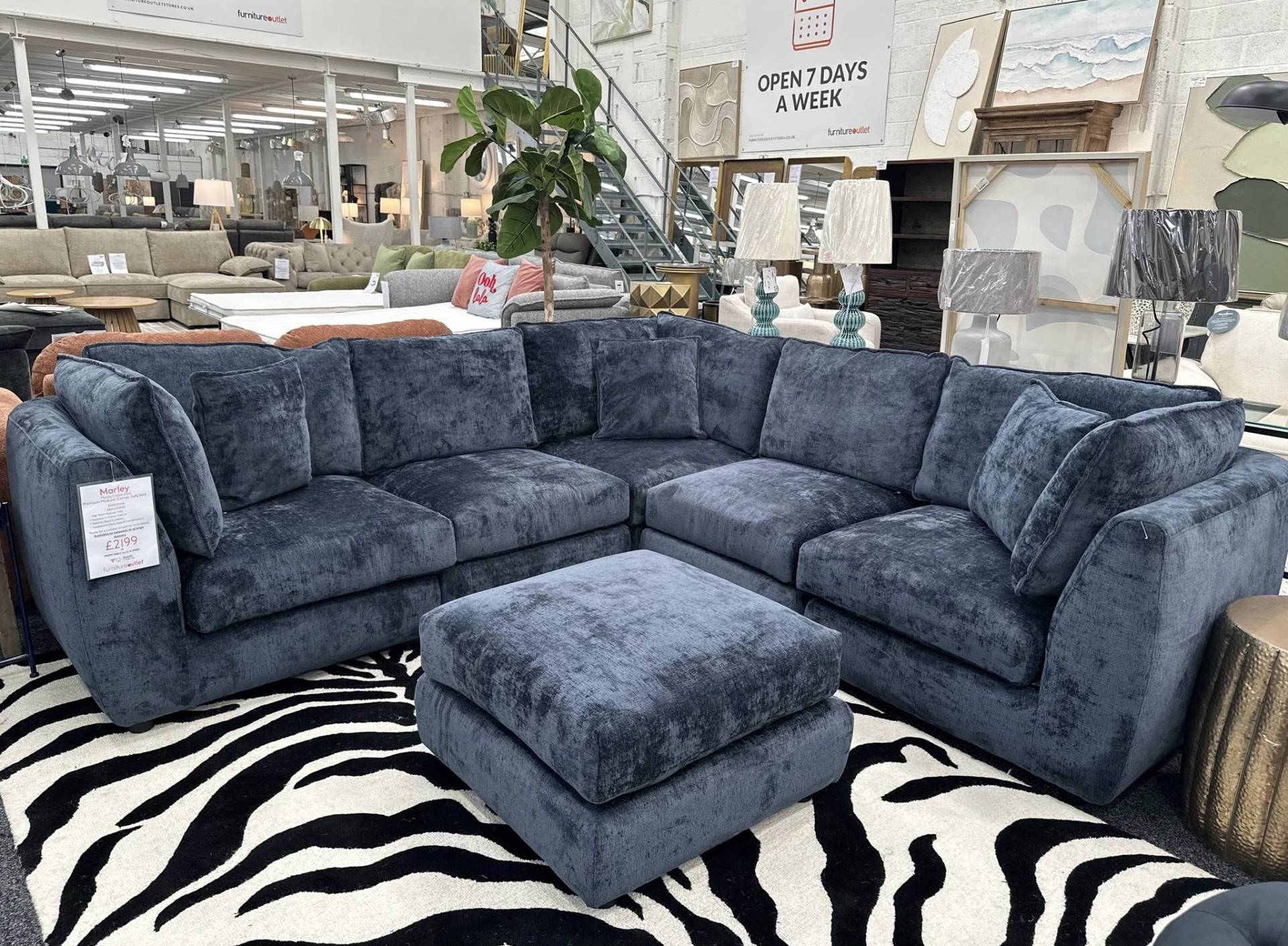 Marley navy blue modular corner sofa and footstool. A deep-seated, comfy sectional at Furniture Outlet Dagenham