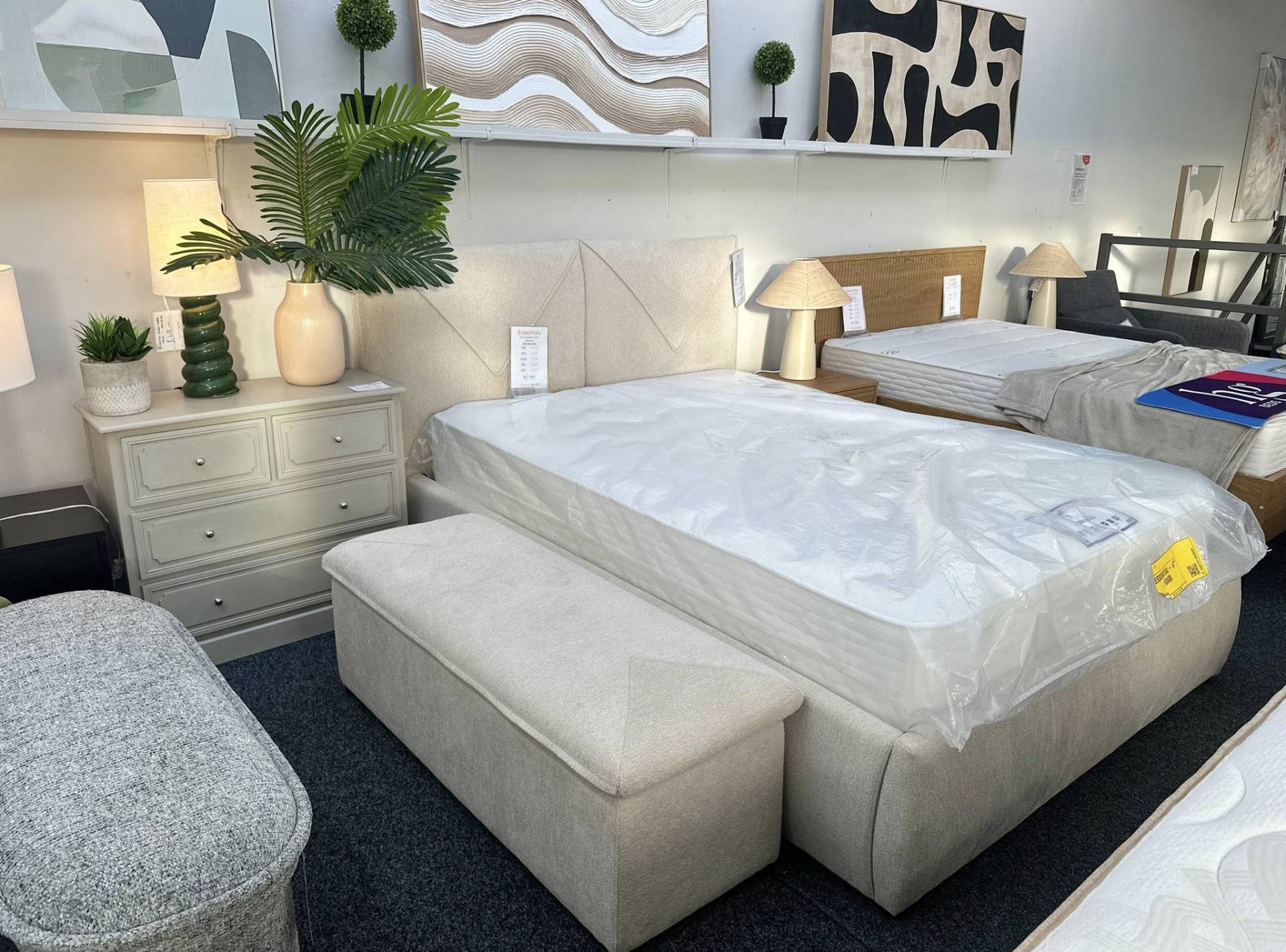 Nala fawn linen ottoman storage bed. A luxury lift-up frame for a tidy bedroom at Furniture Outlet Wickford