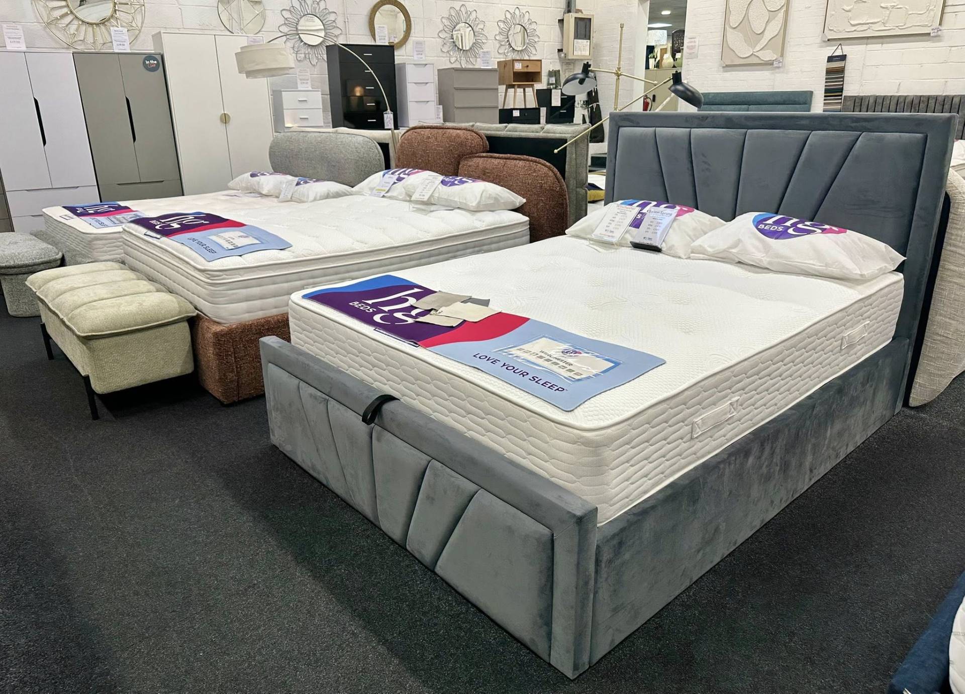 Saison plush steel velvet ottoman storage bed. A stylish lift-up frame at our Furniture Outlet Leigh-on-Sea store