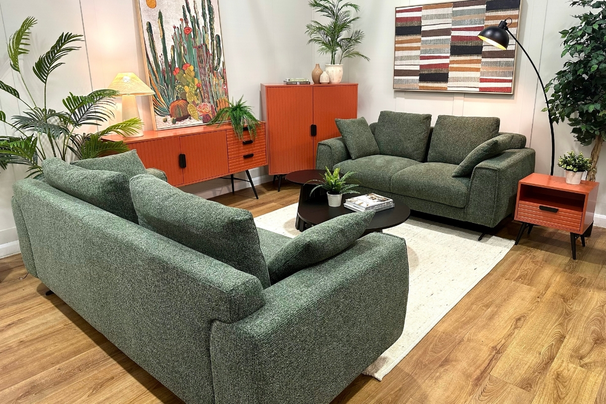 Dakota dark green sofas and Malmo terracotta sideboards