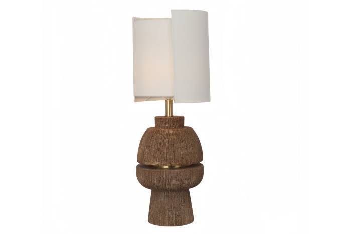 Moda Walnut Swirl Table Lamp With Sculptural Wood Base & Dual Layer White Shade