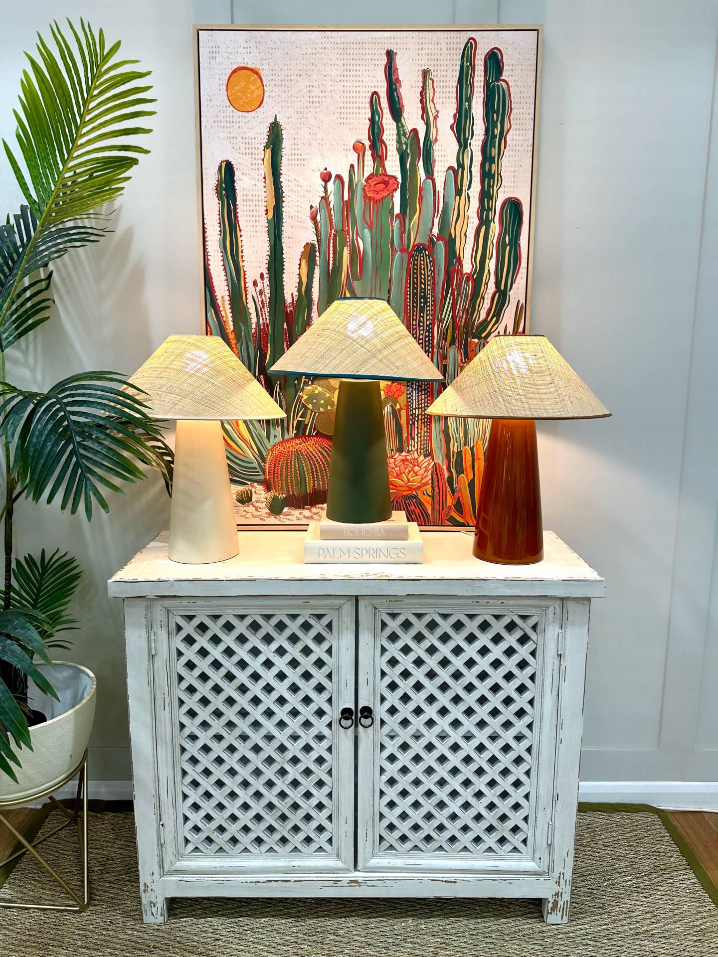 3 table lamps on shabby chic cabinet