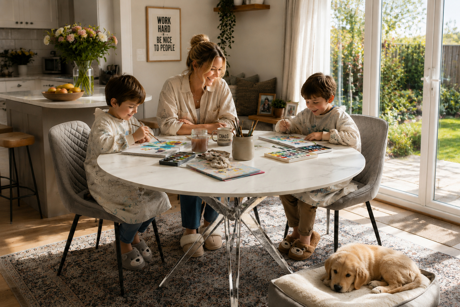 Jeni Round Sintered Stone Dining Table in Lincoln White styled in a bright family kitchen-diner with children painting [Interior Design Mockup]