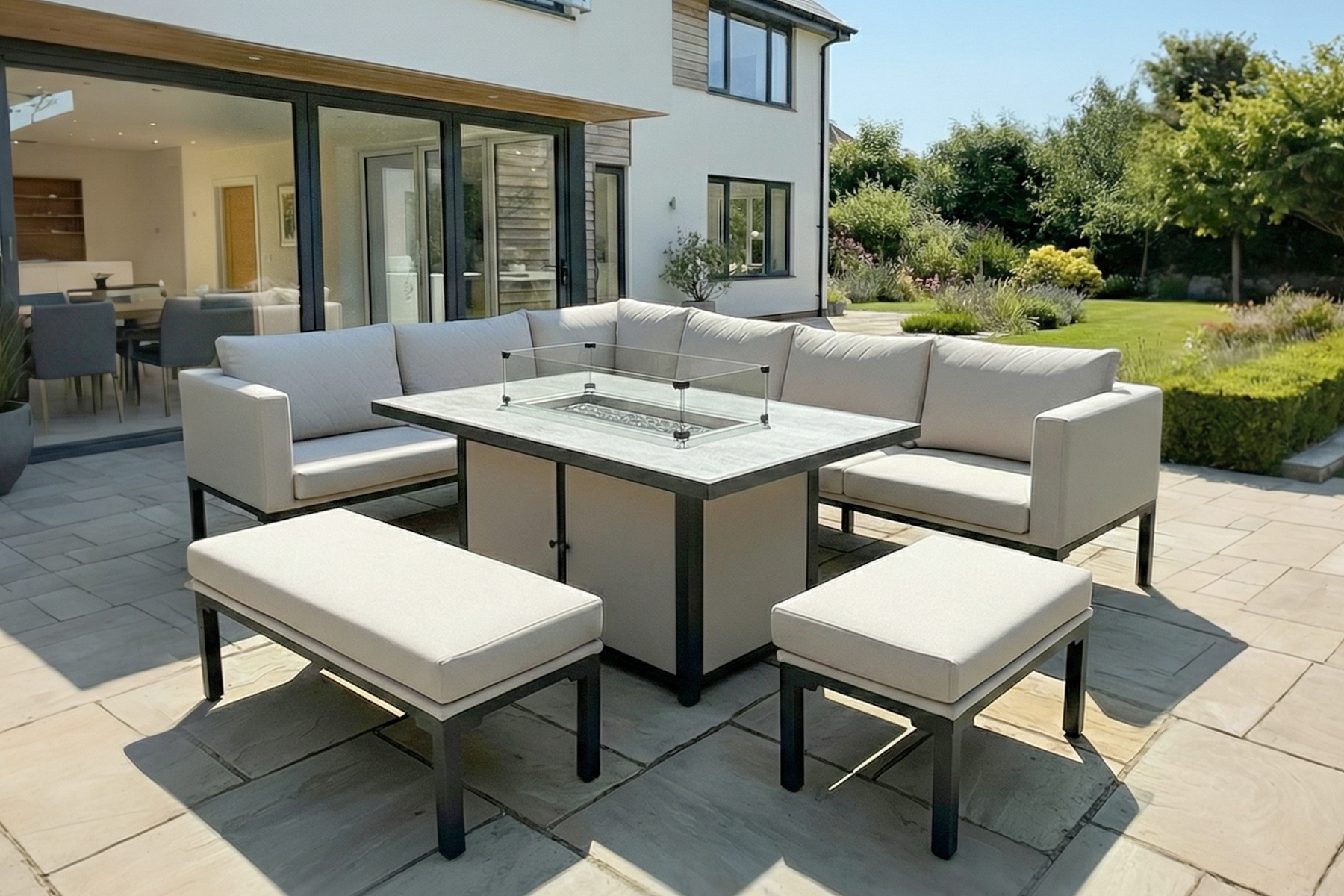 Mykonos - Beige L Shape Corner Sofa Garden Set with Fire Pit Table, Bench & Stool (Day)