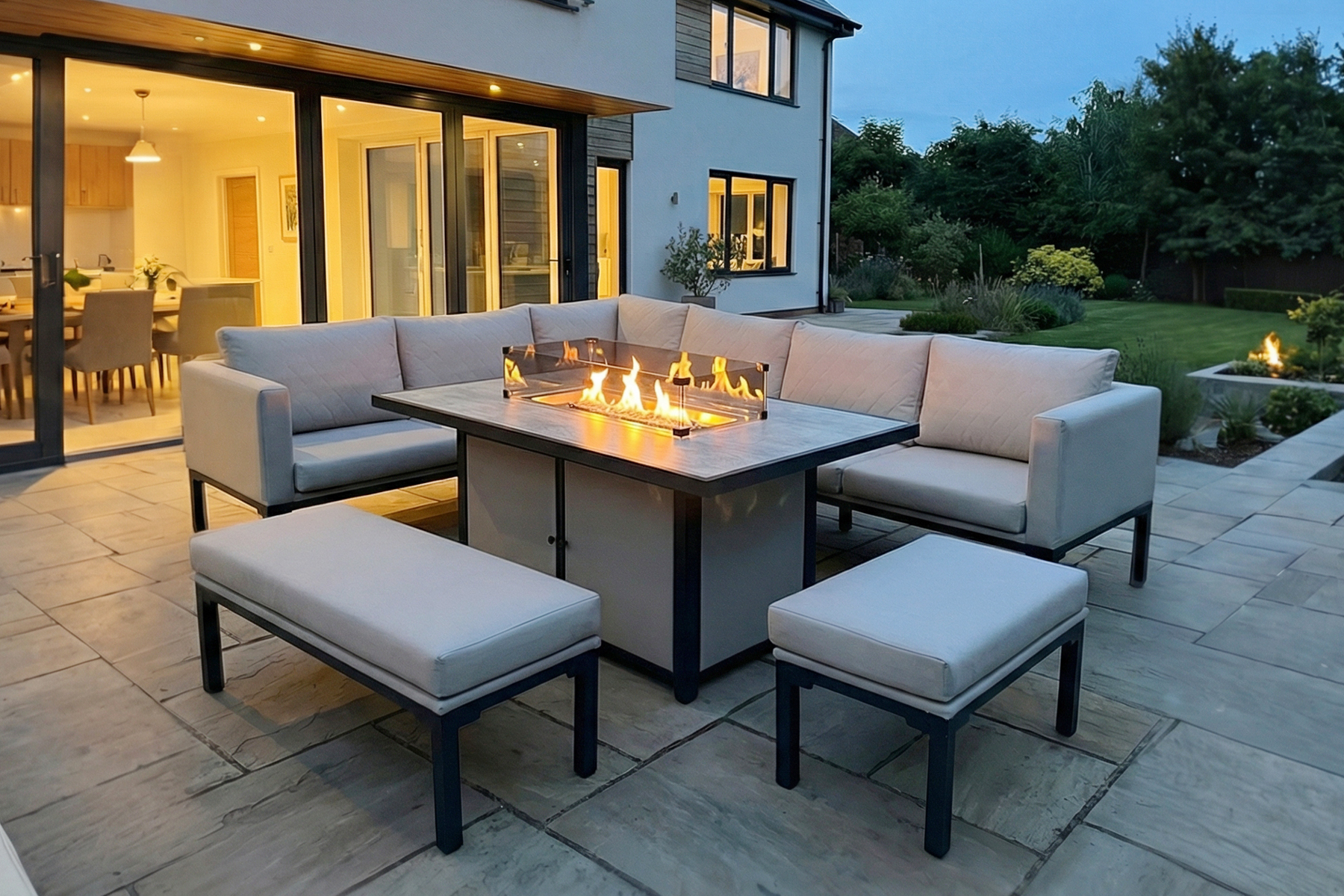 Mykonos - Beige L Shape Corner Sofa Garden Set with Fire Pit Table, Bench & Stool (Night)