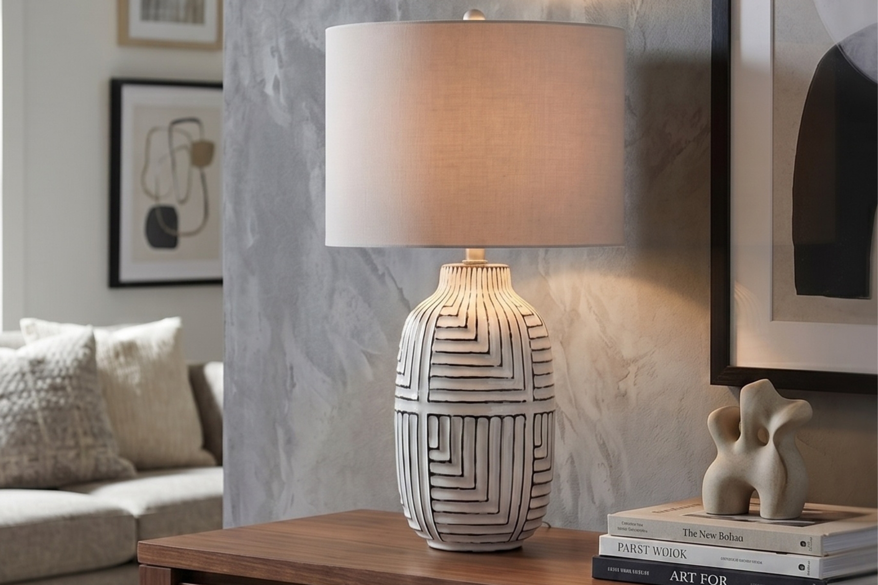 Table Lamp - Newquay Black & White Table Lamp With Neutral Fabric Shade
