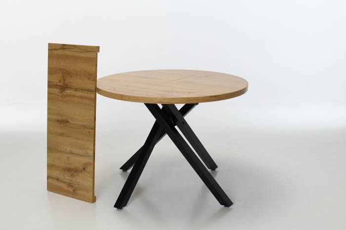 Omari 1m to 1.4m Oak Effect Extendable Round Dining Table with Black Metal Base