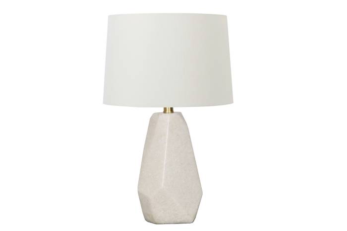Sandy Stone Geometric Table Lamp With Neutral Fabric Shade