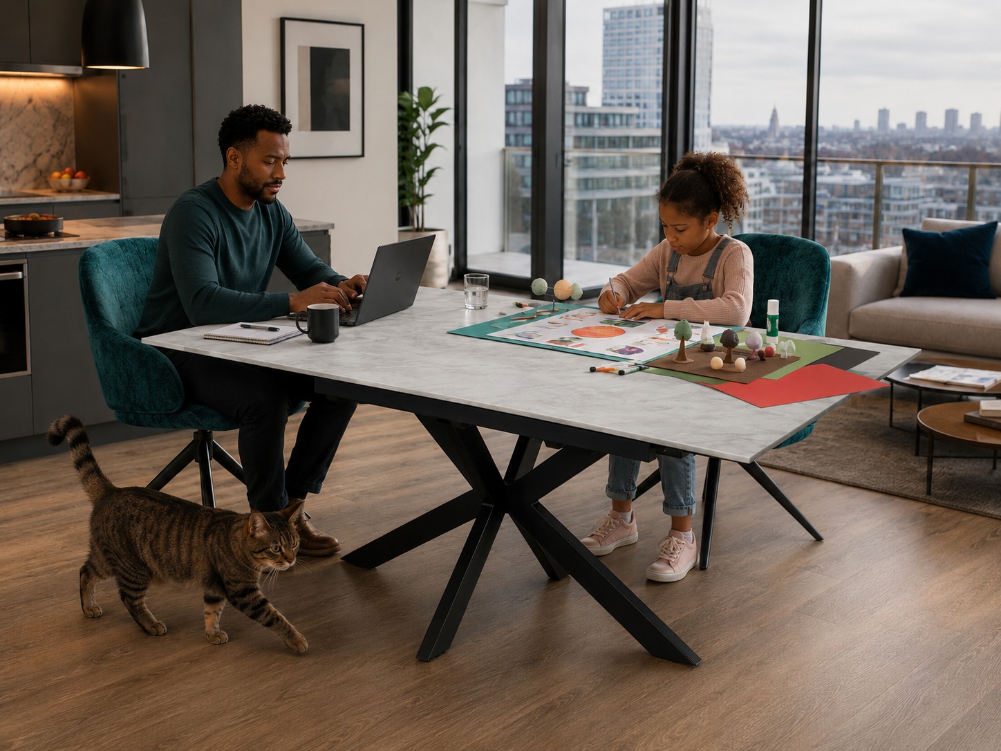 Siena Extending Sintered Stone Dining Table in Pacific Grey styled in a modern open plan Greenwich apartment with father, daughter and cat [Interior Design Mockup]