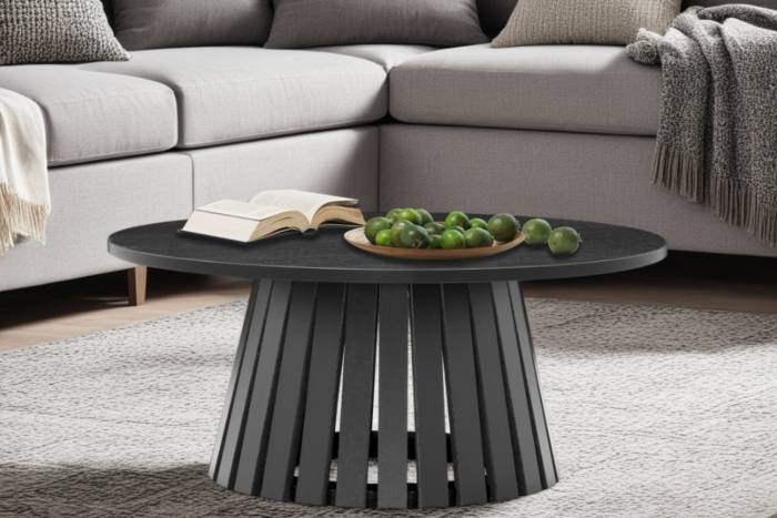 Stockholm Large Round Coffee Table with Slatted Pedestal Base - Black