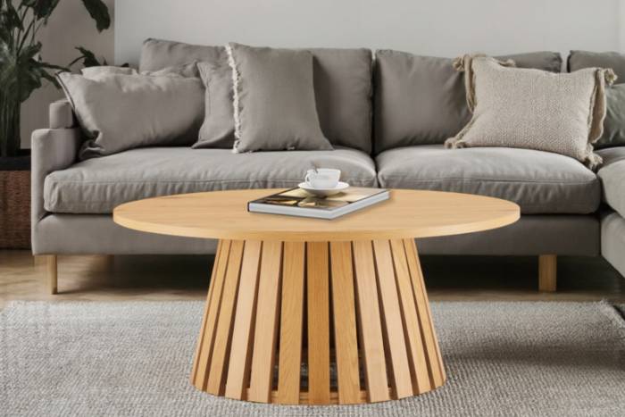 Stockholm Large Round Coffee Table with Slatted Pedestal Base - Oak Effect
