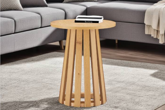 Stockholm - Small Round Coffee Table with Slatted Pedestal Base, Oak Effect - Image 4