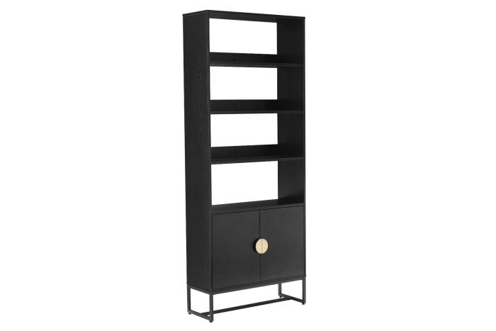 Oslo Black 2m Tall Bookshelf with 2 Door Cabinet and Gold Handles