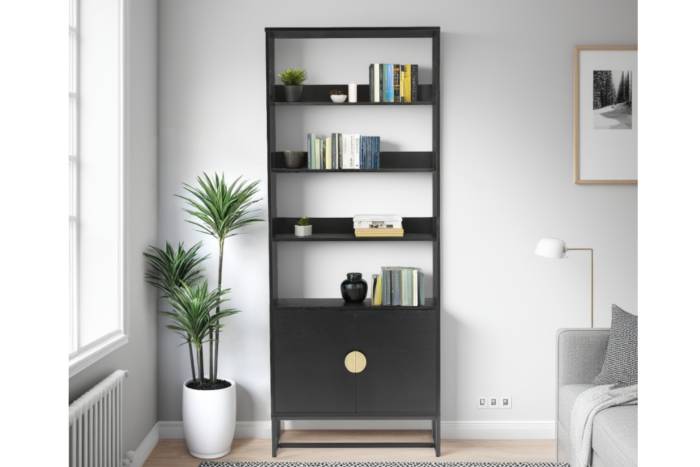 Oslo Black 2m Tall Bookshelf with 2 Door Cabinet and Gold Handles