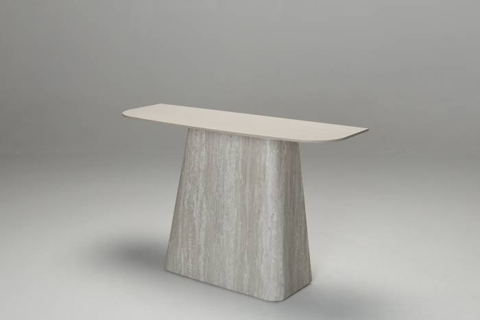 Serena 1.2m Travertine Effect Console Table with Sculptural Pedestal Base