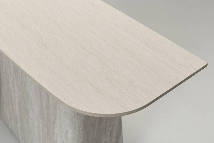 Serena 1.2m Travertine Effect Console Table with Sculptural Pedestal Base