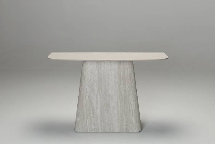 Serena 1.2m Travertine Effect Console Table with Sculptural Pedestal Base