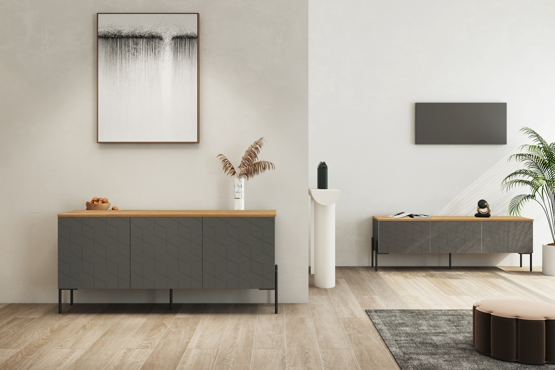 Colmar - Mocha Grey 3 Door Sideboard and TV Unit with Oak Effect Top