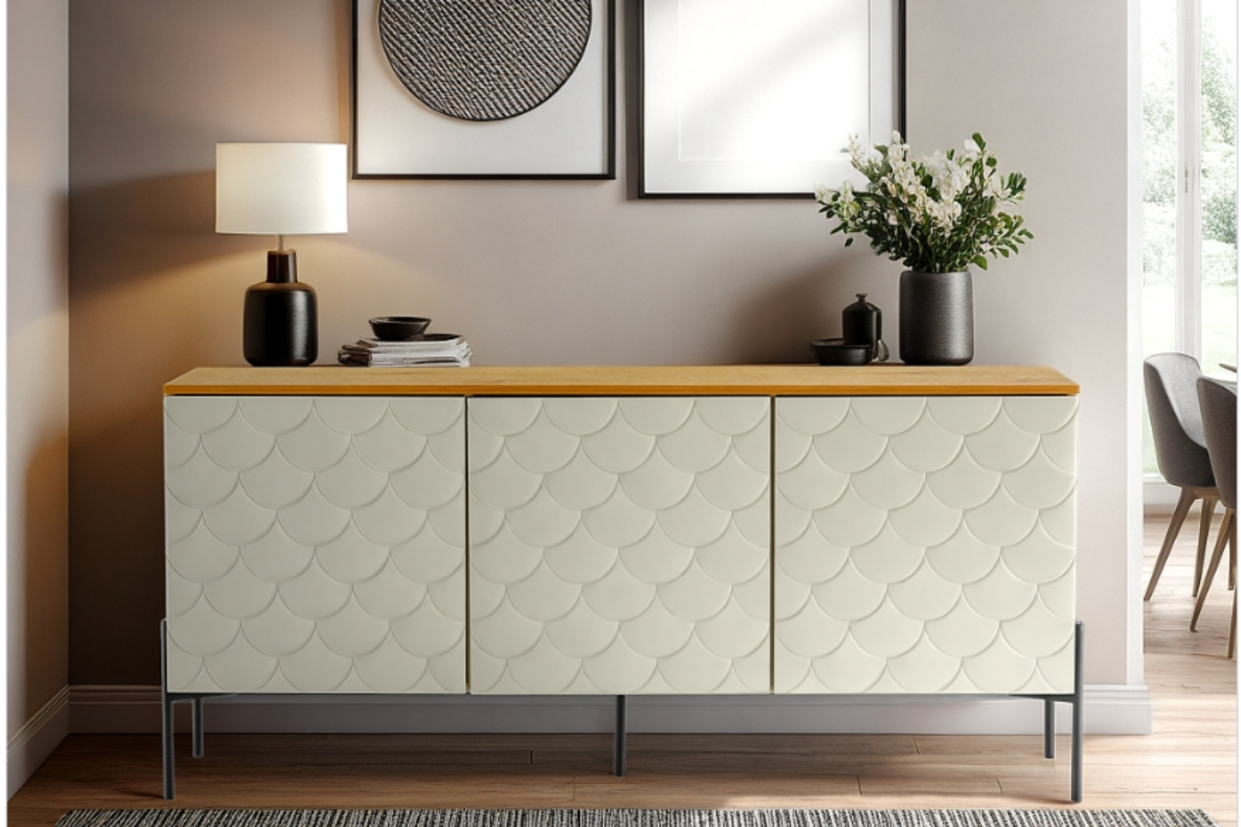 Colmar Sideboard - 1.6m Dove Grey 3 Door Sideboard with Oak Effect Top