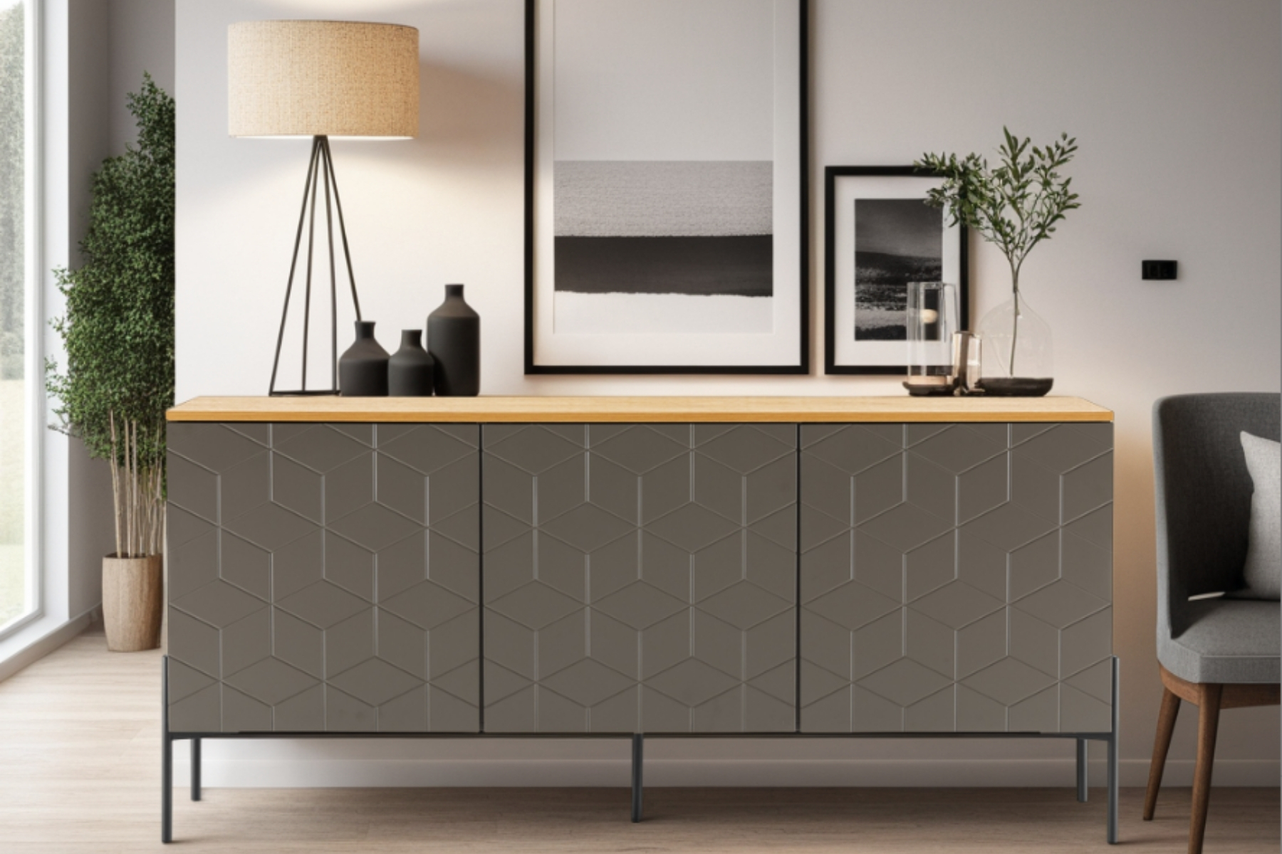 Colmar - Mocha Grey 3 Door Sideboard with Oak Effect Top