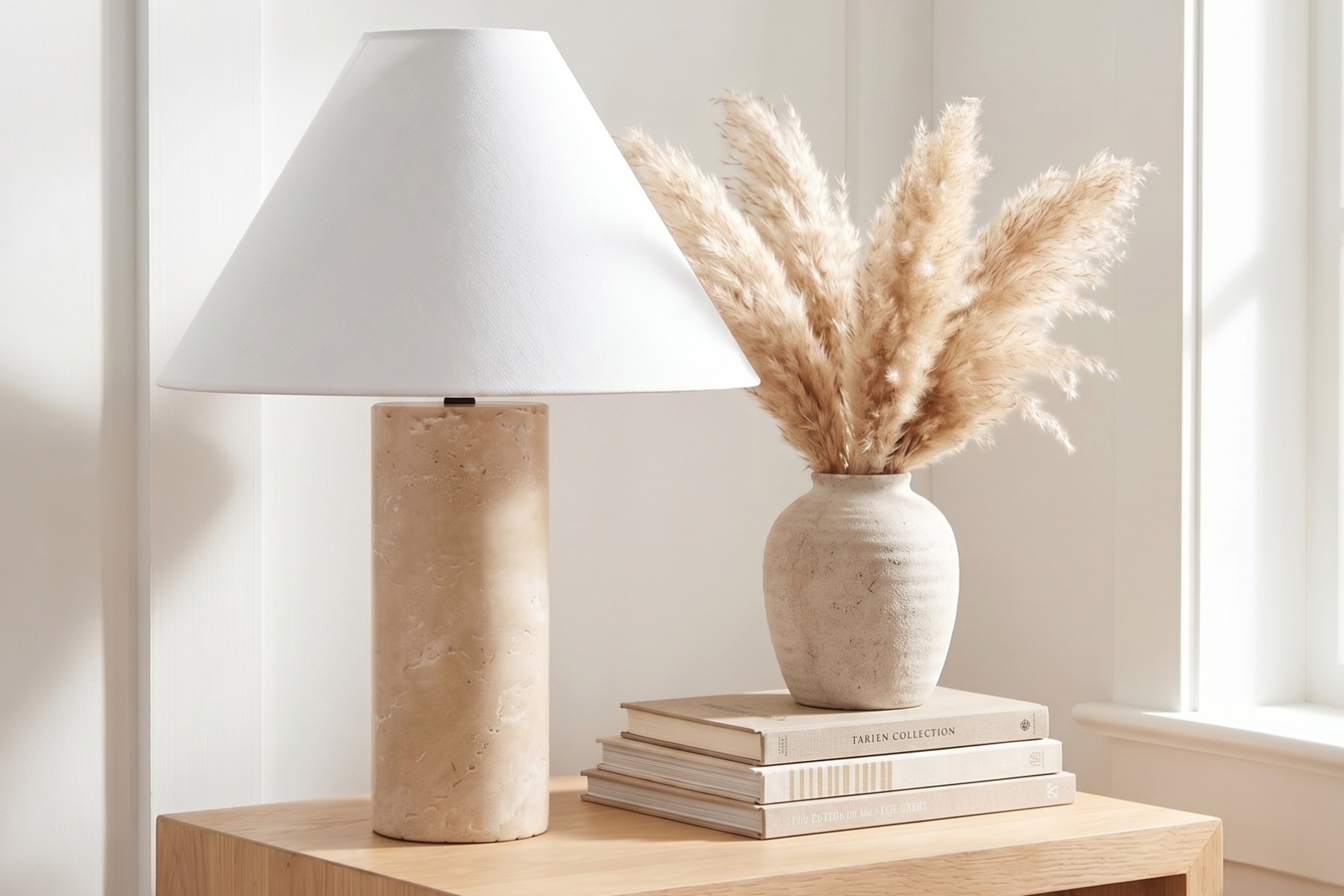 Table Lamp - Cyclindrical Travertine Table Lamp With Linen Shade