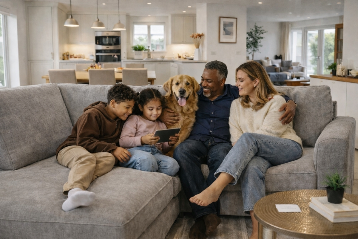 A family and a golden retriever sitting on a large grey L shape corner sofa separating a modern kitchen from a living room [Interior Design Mockup]