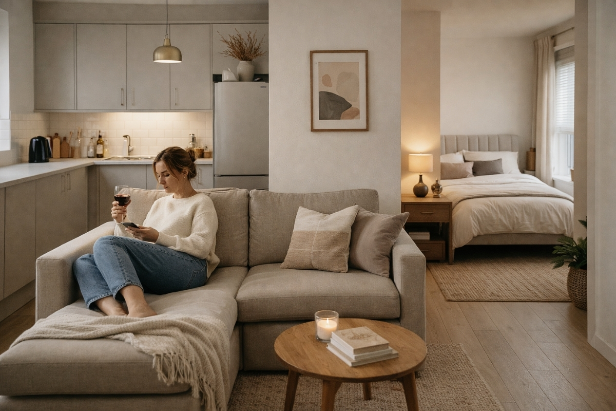 Top-down view of an L shape sofa used as a room divider between the dining area and lounge [Interior Design Mockup]