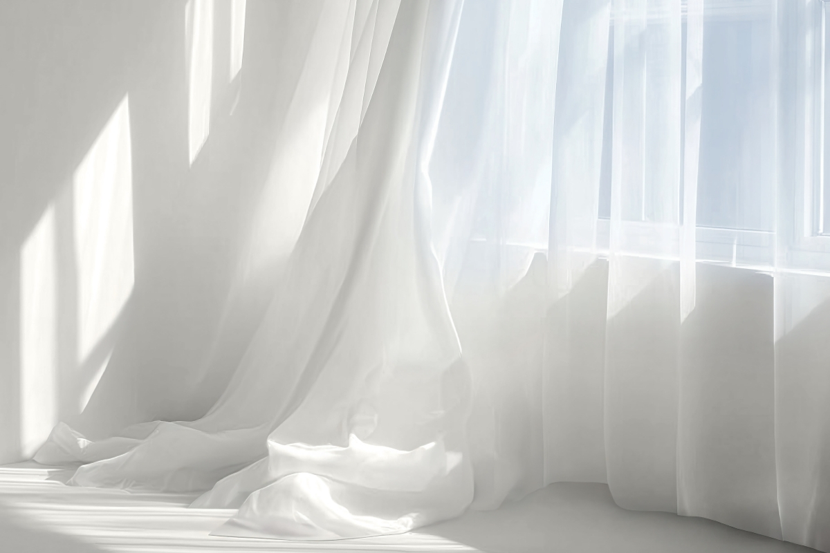 Pantone Colour of the Year 2026 - Cloud Dancer curtains and sunlight