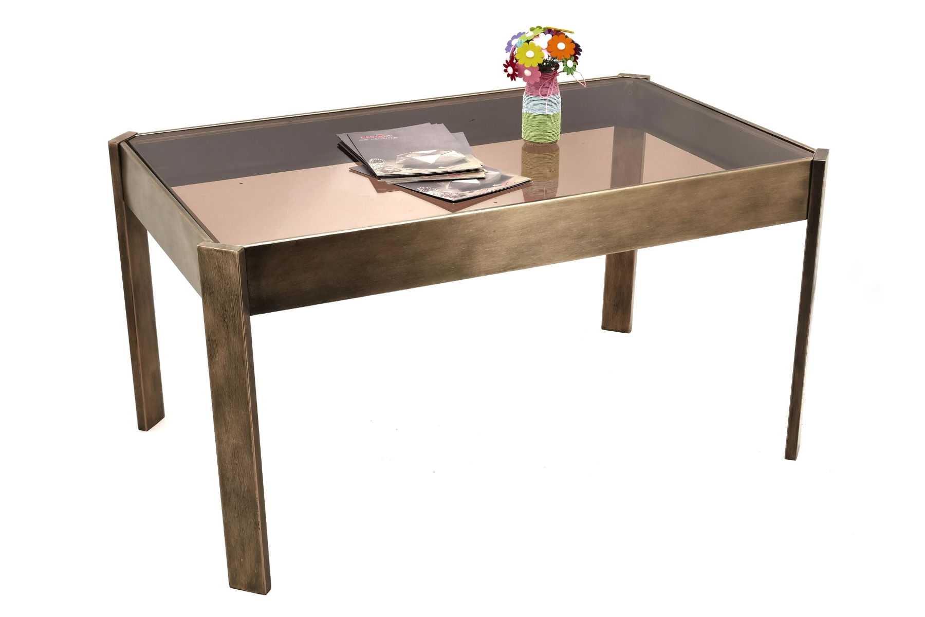 102.5cm Rectangle Coffee Table, Amber Glass with Brass Effect Finish