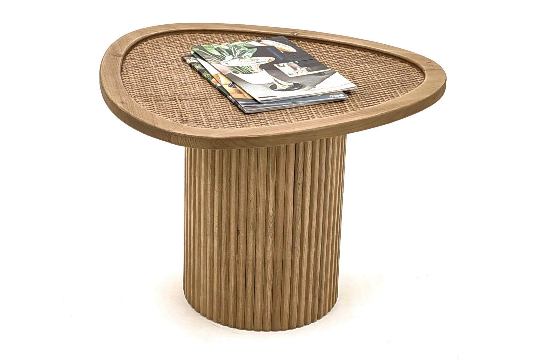 55cm Pebble Side Table, Rattan & Wood with Pillar Base