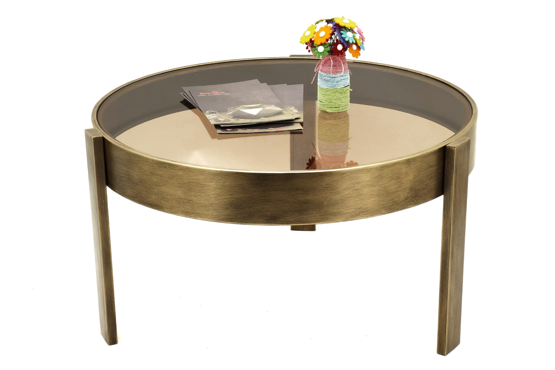 77cm Round Coffee Table, Amber Glass with Brass Effect Finish