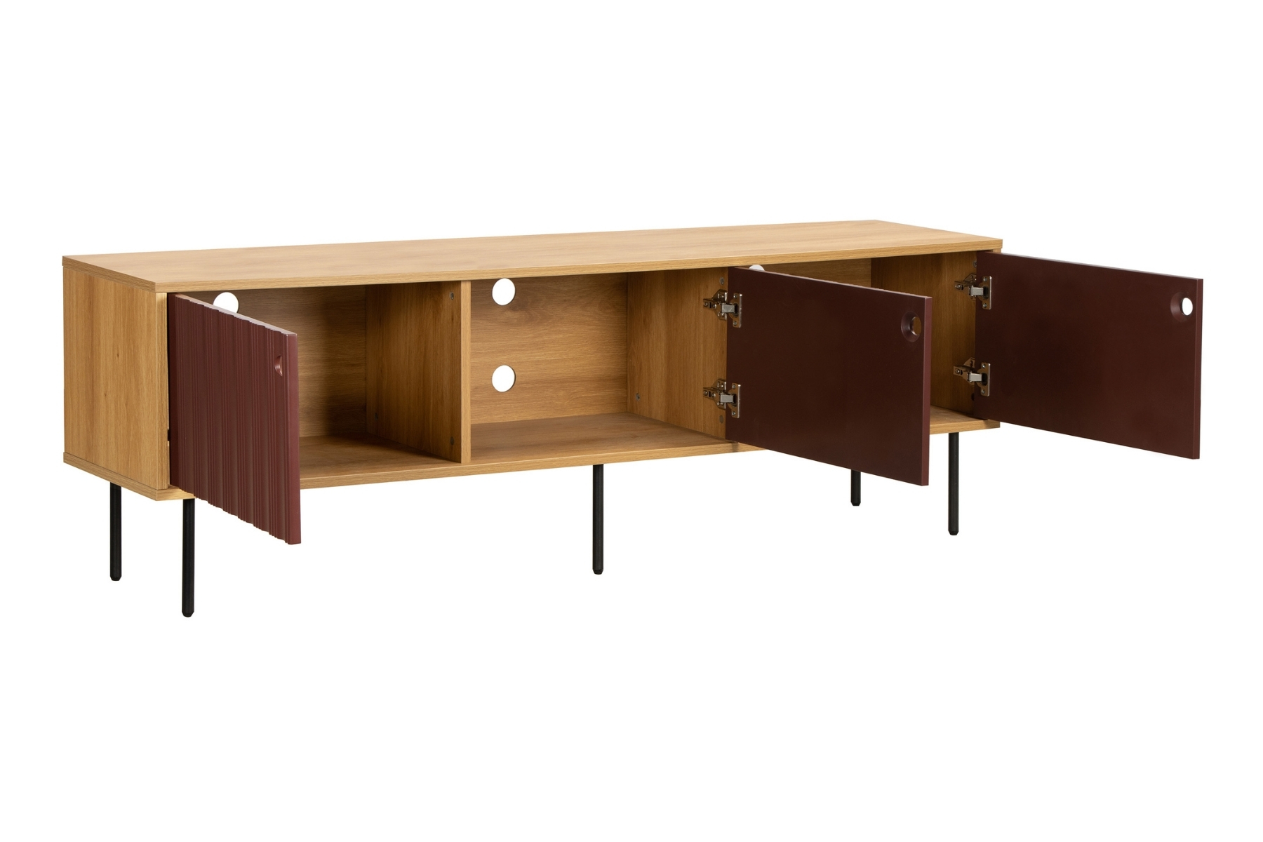 Alva TV Unit - 1.66m Plum Red & Oak Effect TV Unit with Black Metal Legs