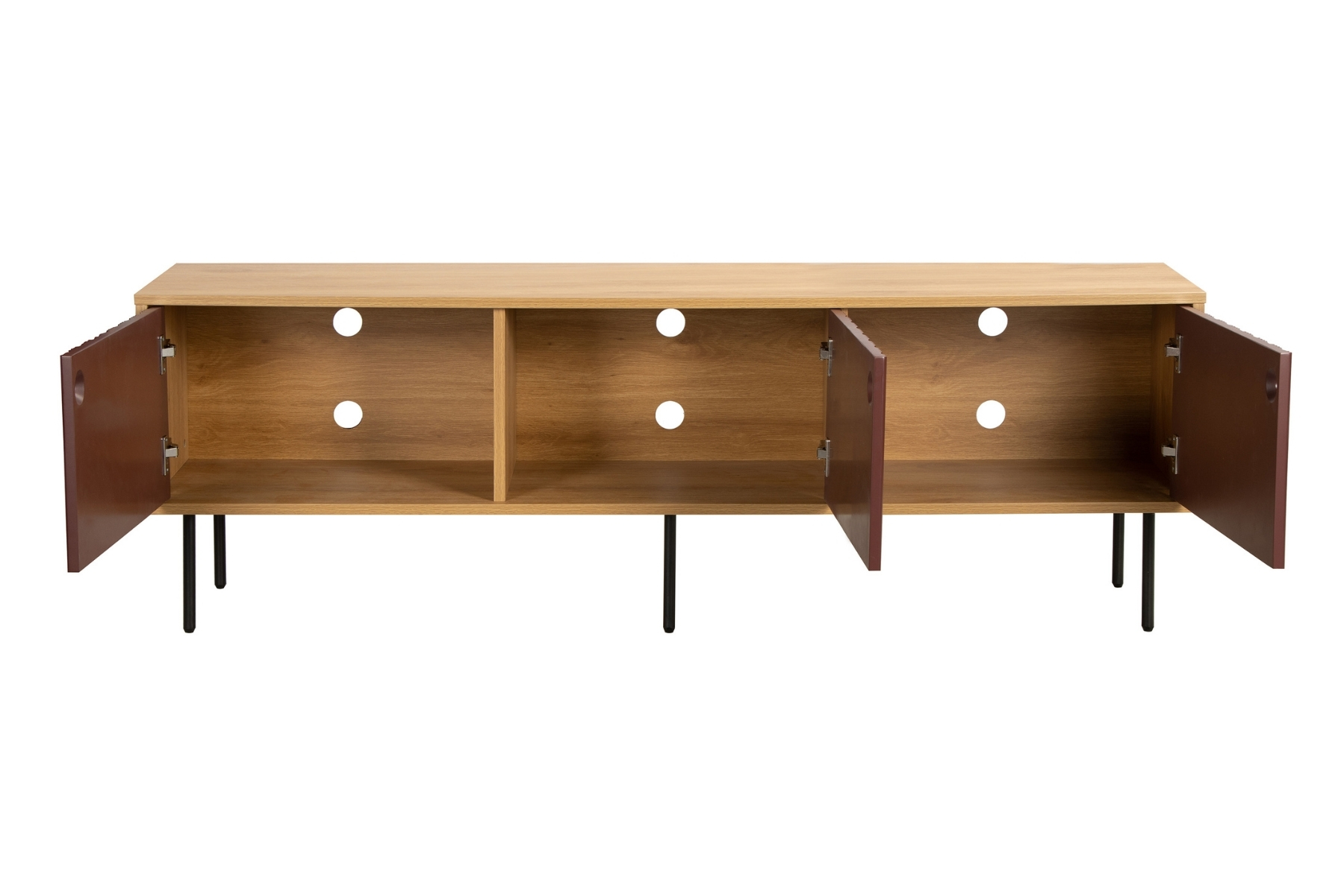 Alva TV Unit - 1.66m Plum Red & Oak Effect TV Unit with Black Metal Legs