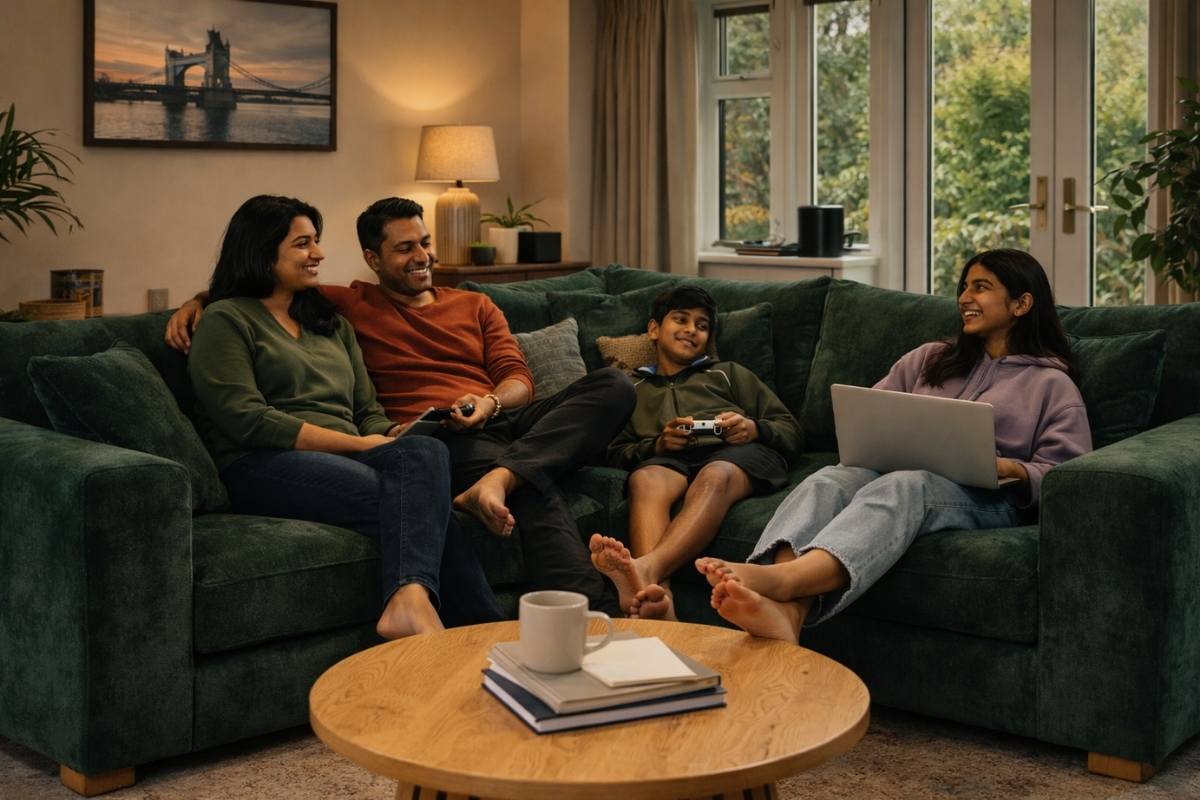 Comfy, deep-seated dark green corner sofa in a busy family living room, styled with a wood coffee table [Interior Design Mockup]