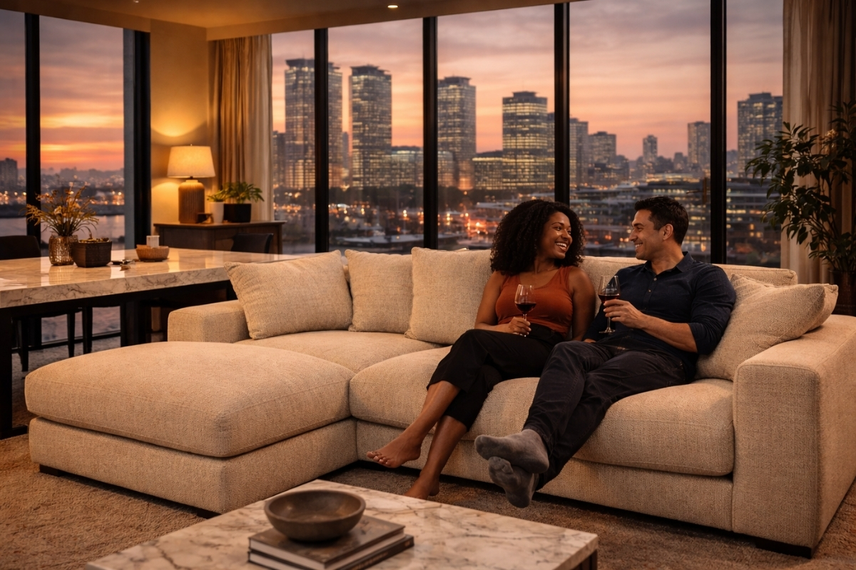 Luxury modular L-shaped sofa in textured fabric styled in a modern Canary Wharf apartment with floor-to-ceiling windows at sunset [Interior Design Mockup]