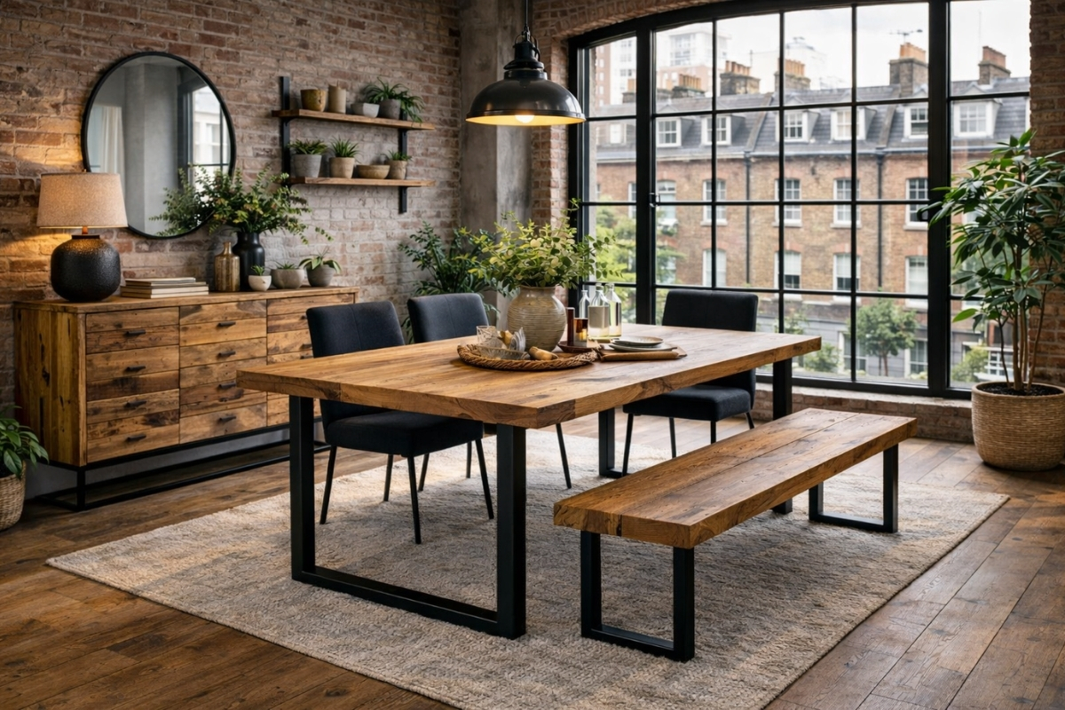 Bright modern dining room with a reclaimed wood table, matching bench and sideboard with greenery [Interior Design Mockup]