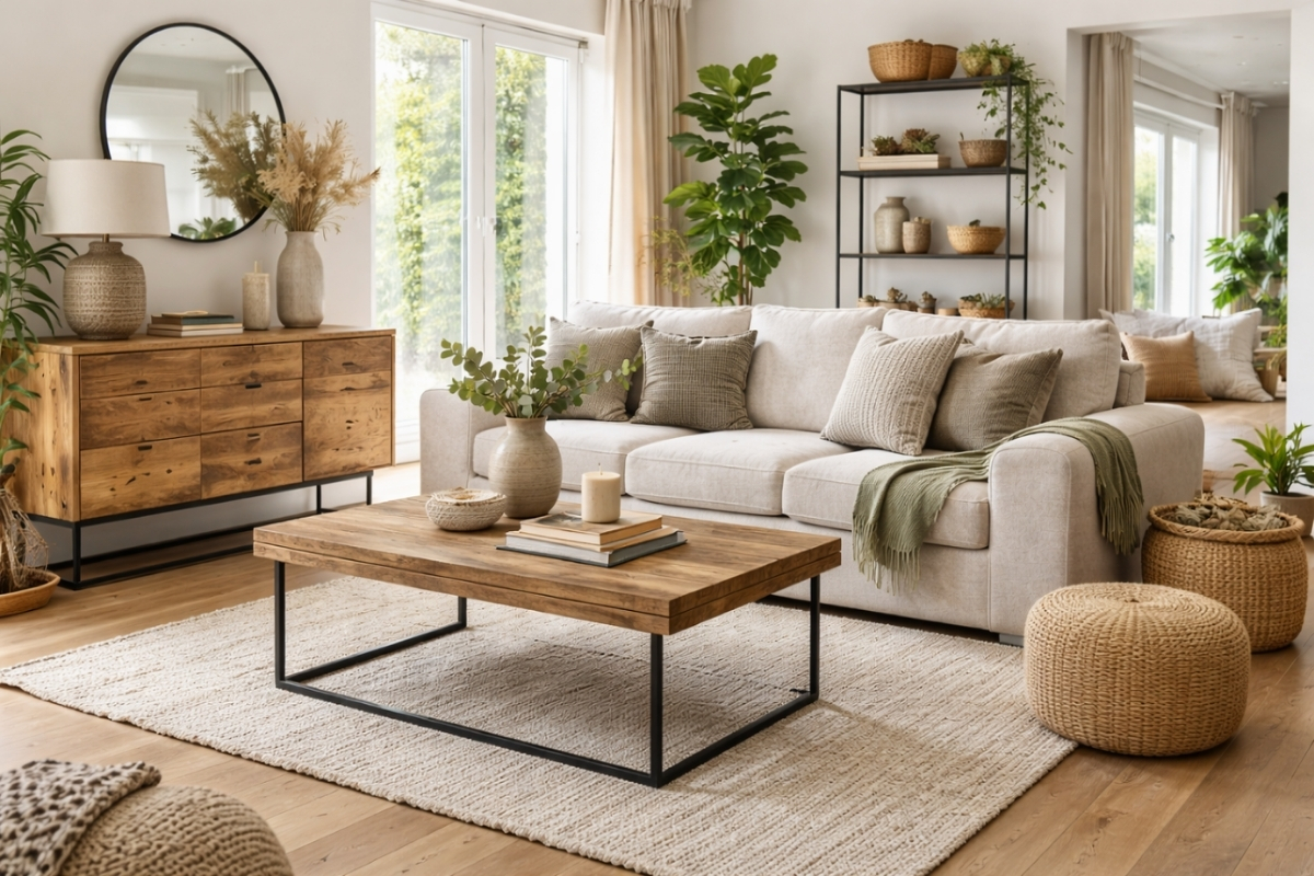 Sustainable living room interior featuring a reclaimed wood coffee table, rustic sideboard and eco-friendly neutral sofa styling for 2026 [Interior Design Mockup]