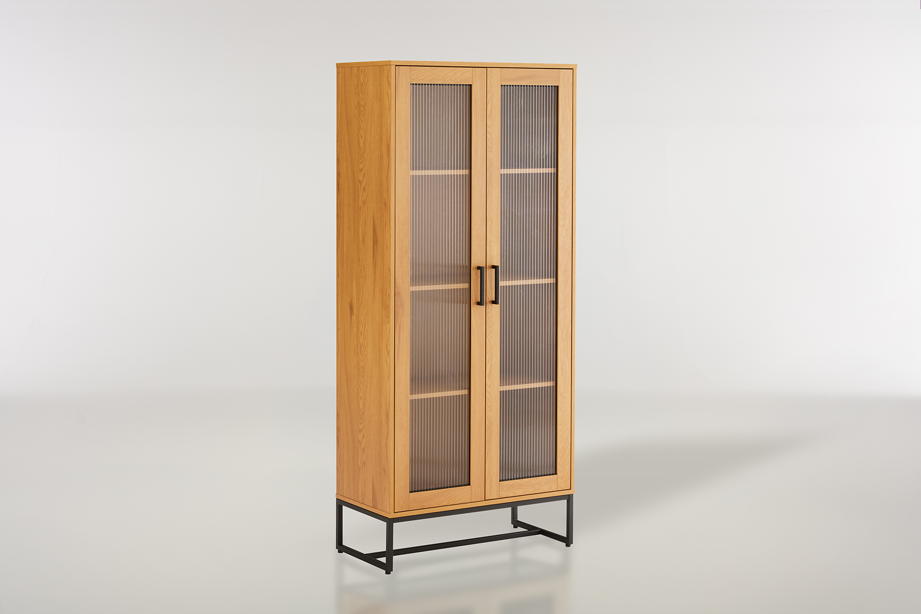 Edda Display Cabinet - 1.8m Tall Oak Effect Display Cabinet with Fluted Glass Doors