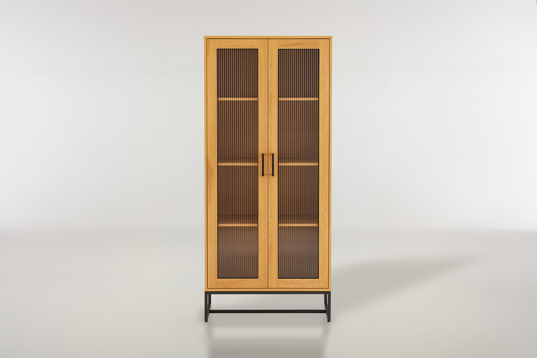 Edda Display Cabinet - 1.8m Tall Oak Effect Display Cabinet with Fluted Glass Doors