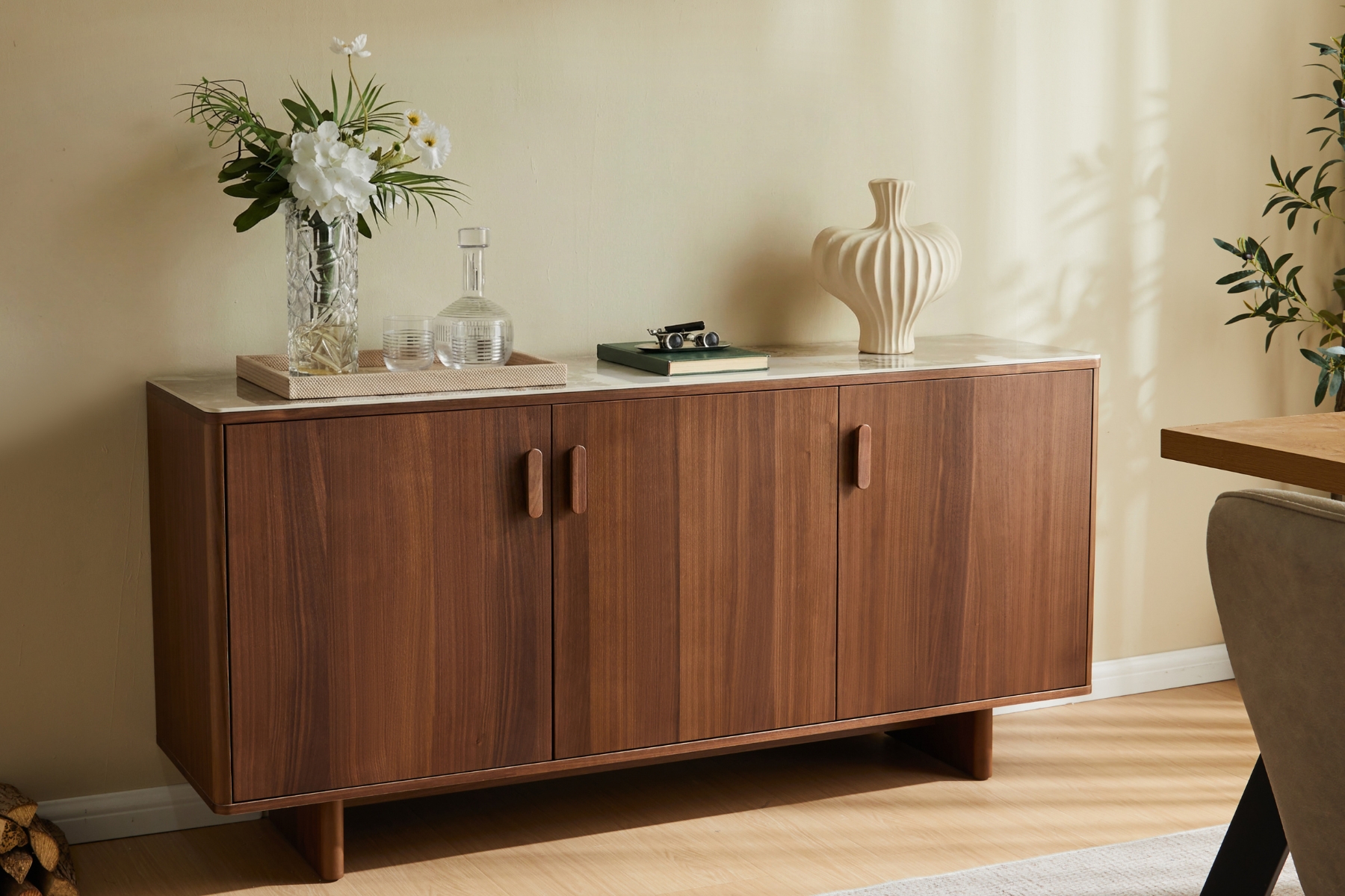 Sola Sideboard - 1.6m Walnut Veneer 3 Door Sideboard with Pandora Ceramic Top
