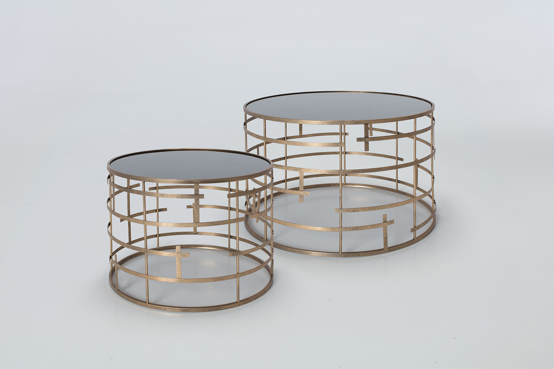 Round Coffee Tables - Round Tinted Glass Nest of Tables with Metal Cage Frames (Set of 2)