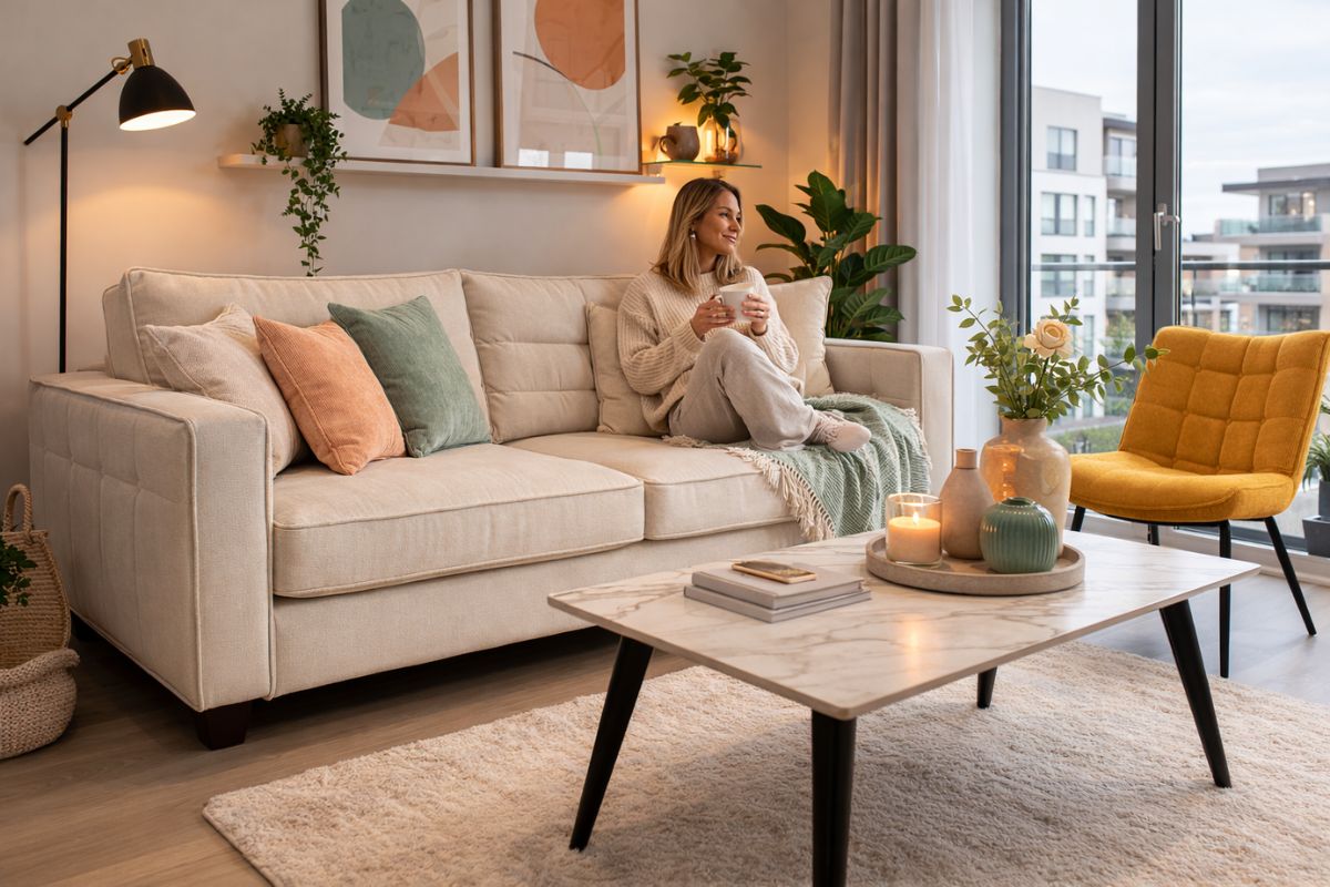 Cream velvet three-seater sofa in a modern apartment styled with peach and mint green sorbet-toned cushions [Interior Design Mockup]