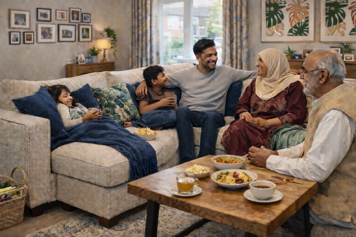 Stone-coloured modular fabric corner sofa in a social East London home, layered with ink blue velvet and botanical prints [Interior Design Mockup]