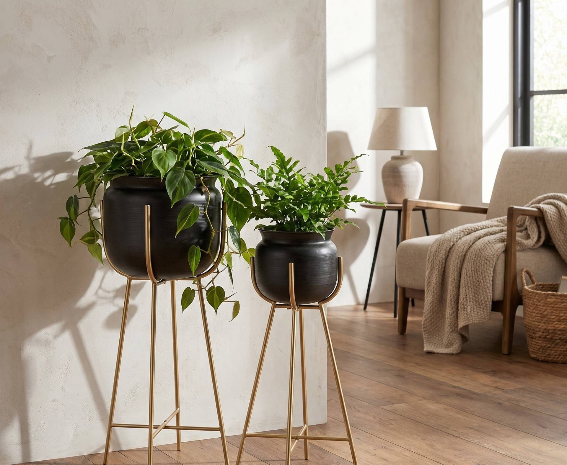 Decorative indoor plant stands and pedestals for displaying greenery